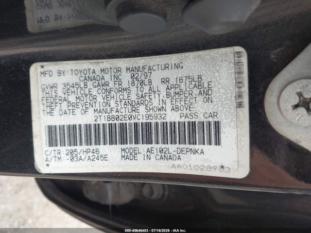 45646483 :رقم المزاد ، 2T1BB02E0VC195932 vin ، 1997 Toyota Corolla Dx مزاد بيع