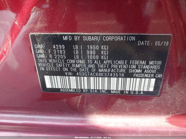 Продажа на аукционе авто 2019 Subaru Impreza 2.0i Premium, vin: 4S3GTAC68K3743518, номер лота: 45646484