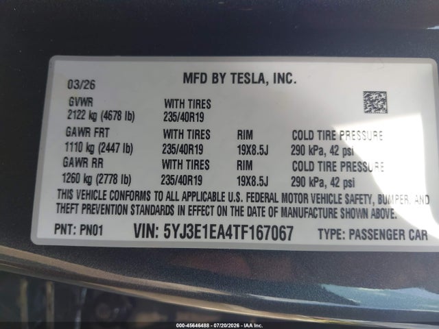 5YJ3E1EA4TF167067 Tesla Model 3 Premium Rear-wheel Drive/rear-wheel Drive