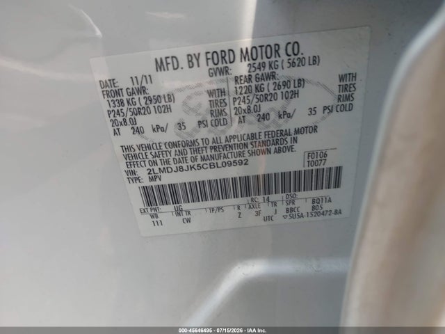 Продаж на аукціоні авто 2012 Lincoln Mkx, vin: 2LMDJ8JK5CBL09592, номер лоту: 45646495