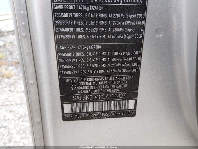 2012 Land Rover Range Rover Sport Hse მანქანა იყიდება აუქციონზე, vin: SALSK2D48CA732427, აუქციონის ნომერი: 45646503