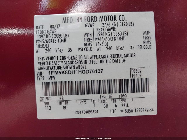 45646516 :رقم المزاد ، 1FM5K8DH1HGD76137 vin ، 2017 Ford Explorer Xlt مزاد بيع