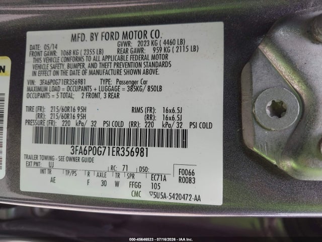 Ford FUSION S 2014 3FA6P0G71ER356981 Image 9