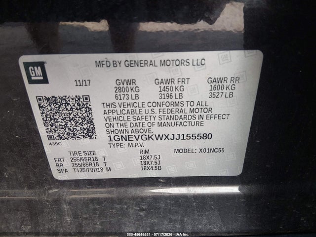 45646531 :رقم المزاد ، 1GNEVGKWXJJ155580 vin ، 2018 Chevrolet Traverse Lt Cloth مزاد بيع