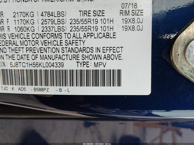 45646553 :رقم المزاد ، 5J8TC1H56KL004339 vin ، 2019 Acura Rdx Technology Package مزاد بيع