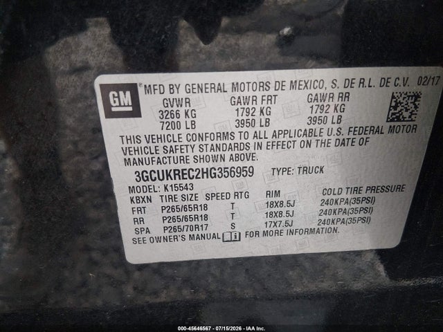 45646567 :رقم المزاد ، 3GCUKREC2HG356959 vin ، 2017 Chevrolet Silverado 1500 Lt مزاد بيع