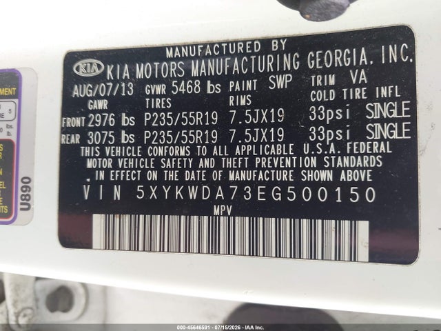 Aukcja sprzedaży 2014 Kia Sorento Limited V6, vin: 5XYKWDA73EG500150, numer aukcji: 45646591
