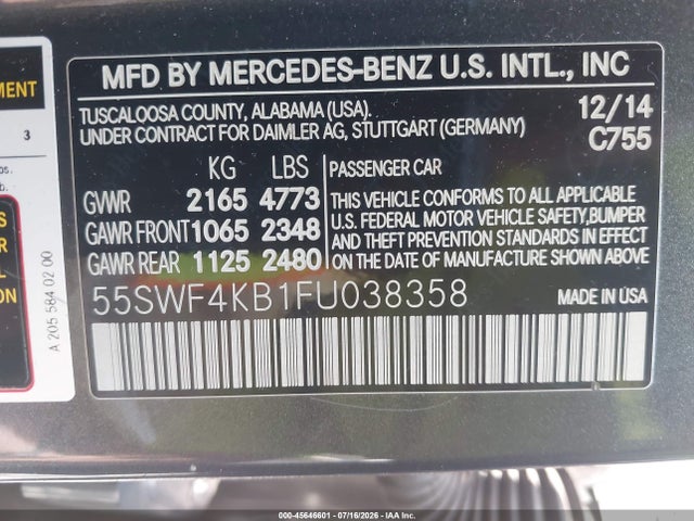 45646601 :رقم المزاد ، 55SWF4KB1FU038358 vin ، 2015 Mercedes-benz C 300 Luxury 4matic مزاد بيع