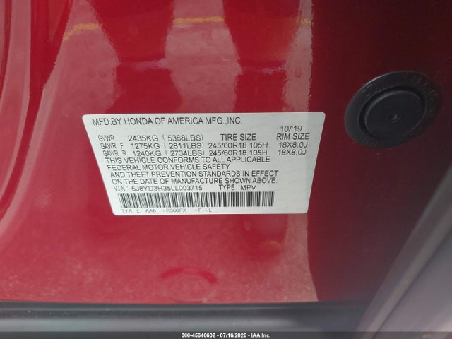 Aukcja sprzedaży 2020 Acura Mdx Standard, vin: 5J8YD3H35LL003715, numer aukcji: 45646602