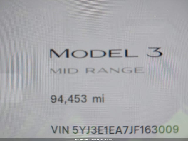 Продаж на аукціоні авто 2018 Tesla Model 3 Long Range/mid Range, vin: 5YJ3E1EA7JF163009, номер лоту: 45646603