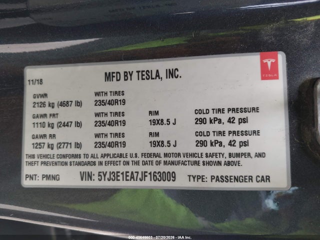 Продаж на аукціоні авто 2018 Tesla Model 3 Long Range/mid Range, vin: 5YJ3E1EA7JF163009, номер лоту: 45646603