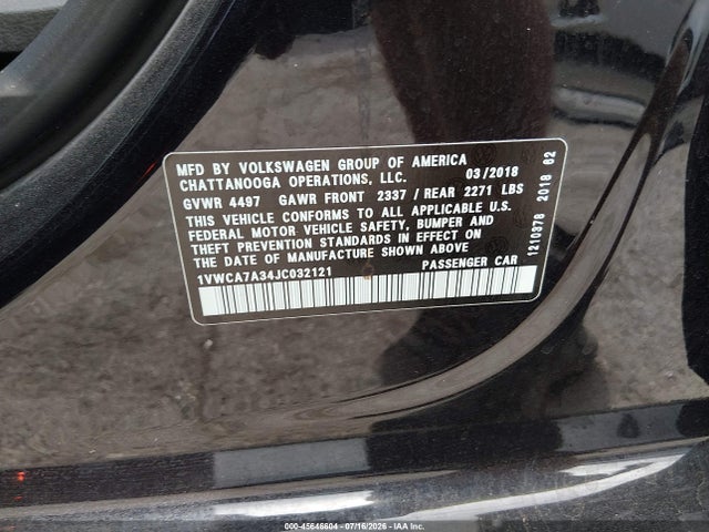 45646604 :رقم المزاد ، 1VWCA7A34JC032121 vin ، 2018 Volkswagen Passat 2.0t Sel Premium مزاد بيع