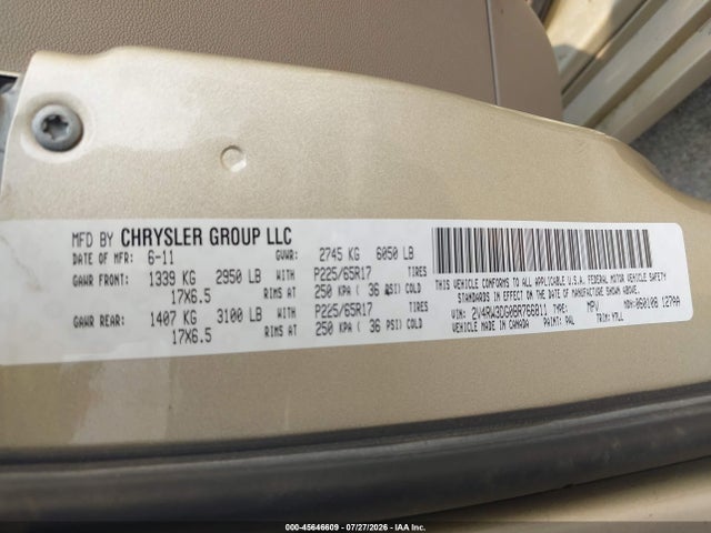2011 Volkswagen Routan Se მანქანა იყიდება აუქციონზე, vin: 2V4RW3DG0BR766811, აუქციონის ნომერი: 45646609