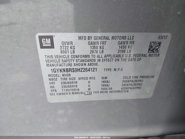45646610 :رقم المزاد ، 1GYKNBRS9HZ264121 vin ، 2017 Cadillac Xt5 Luxury مزاد بيع