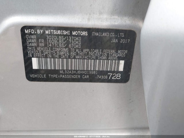 45646612 :رقم المزاد ، ML32A3HJ6HH019981 vin ، 2017 Mitsubishi Mirage Es مزاد بيع