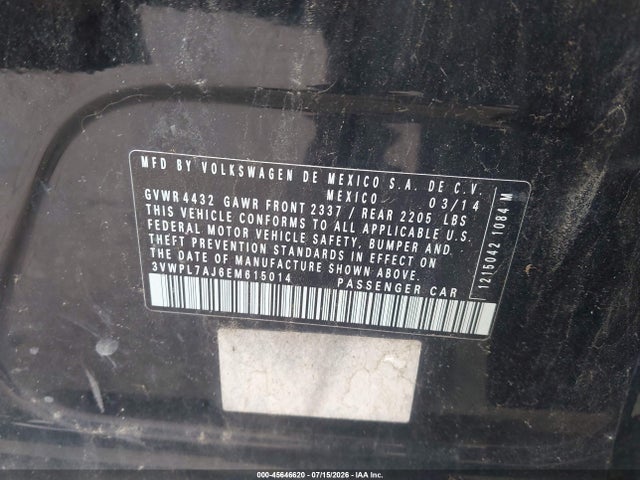 Продажа на аукционе авто 2014 Volkswagen Jetta Sportwagen 2.0l Tdi, vin: 3VWPL7AJ6EM615014, номер лота: 45646620