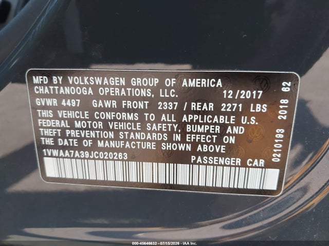 Продаж на аукціоні авто 2018 Volkswagen Passat 2.0t R-line/2.0t S, vin: 1VWAA7A39JC020263, номер лоту: 45646632