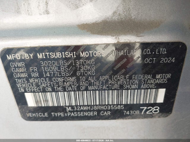 2024 Mitsubishi Mirage Black Edition მანქანა იყიდება აუქციონზე, vin: ML32AWHJ8RH035585, აუქციონის ნომერი: 45646633