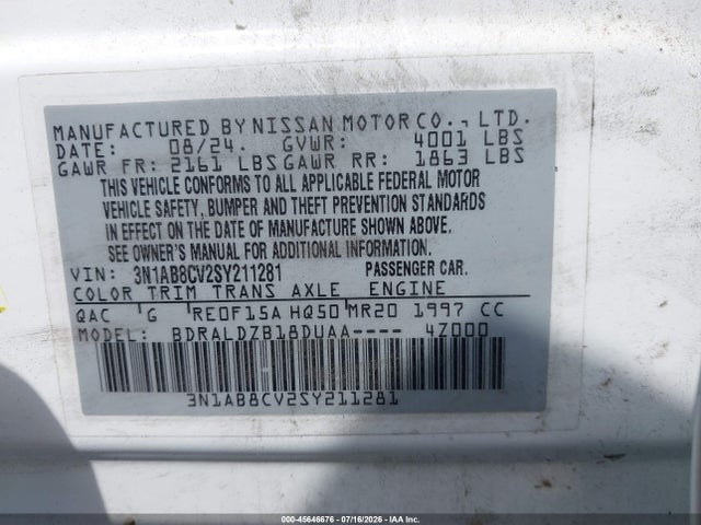 2025 Nissan Sentra Sv მანქანა იყიდება აუქციონზე, vin: 3N1AB8CV2SY211281, აუქციონის ნომერი: 45646676