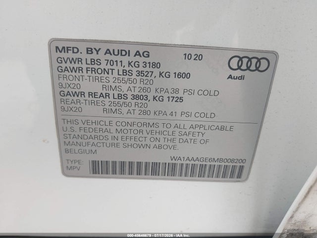 Aukcja sprzedaży 2021 Audi E-tron Premium Quattro, vin: WA1AAAGE6MB008200, numer aukcji: 45646679