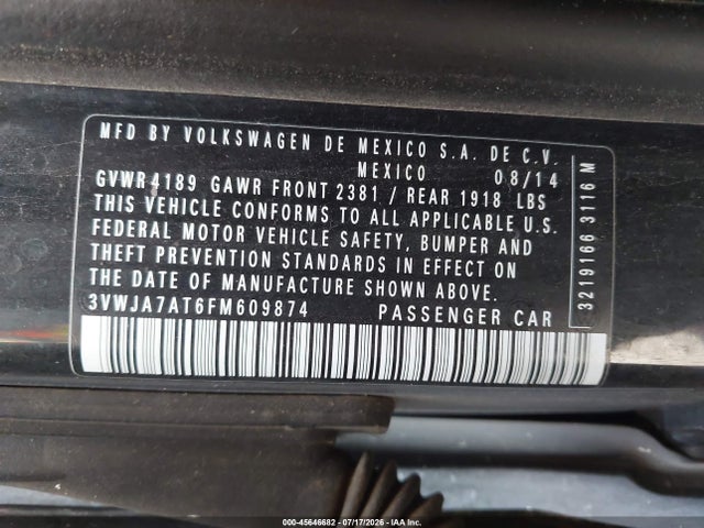 45646682 :رقم المزاد ، 3VWJA7AT6FM609874 vin ، 2015 Volkswagen Beetle 2.0l Tdi مزاد بيع