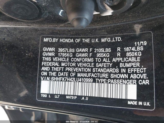 SHHFK7H42LU410999 Honda Civic Sport