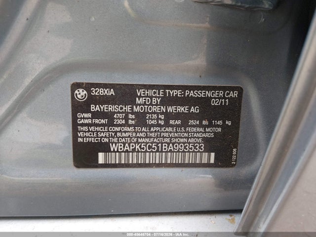 2011 Bmw 328i Xdrive მანქანა იყიდება აუქციონზე, vin: WBAPK5C51BA993533, აუქციონის ნომერი: 45646704