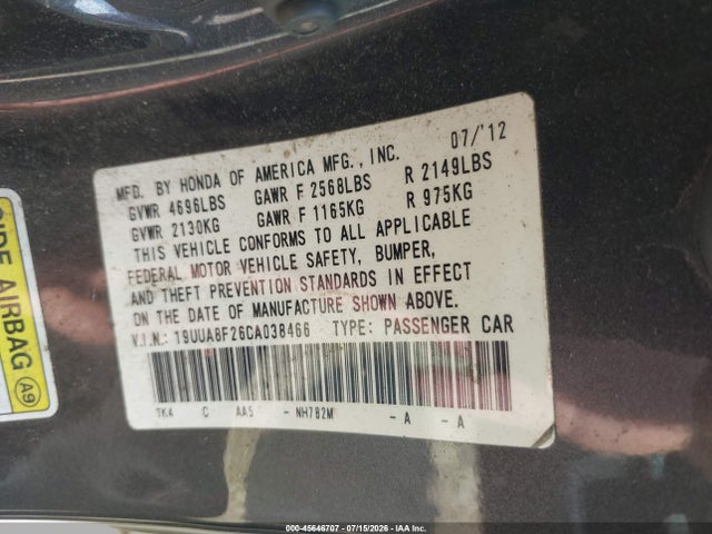 45646707 :رقم المزاد ، 19UUA8F26CA038466 vin ، 2012 Acura Tl 3.5 مزاد بيع