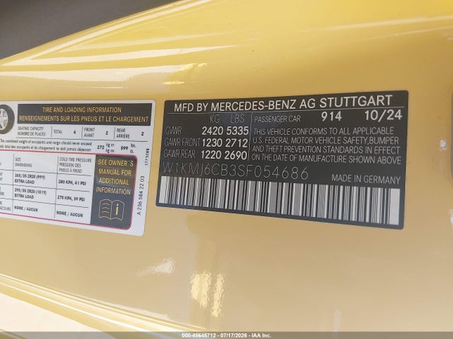 Продажа на аукционе авто 2025 Mercedes-benz Amg Cle 53, vin: W1KMJ6CB3SF054686, номер лота: 45646712