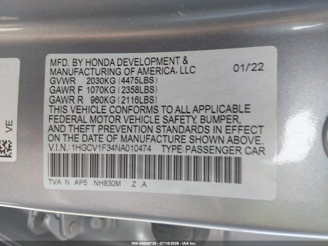 2022 Honda Accord Sport მანქანა იყიდება აუქციონზე, vin: 1HGCV1F34NA010474, აუქციონის ნომერი: 45646728