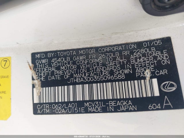Auction sale of the 2005 Lexus Es 330, vin: JTHBA30G355096588, lot number: 45646730