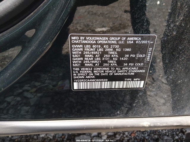 45646736 :رقم المزاد ، 1V2SR2CA4MC600599 vin ، 2021 Volkswagen Atlas 3.6l V6 Sel R-line مزاد بيع