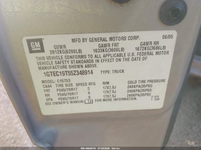 Aukcja sprzedaży 2005 Gmc Sierra 1500 Sle, vin: 1GTEC19T55Z348914, numer aukcji: 45646743