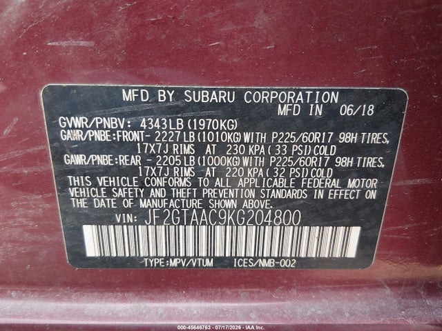 2019 Subaru Crosstrek 2.0i მანქანა იყიდება აუქციონზე, vin: JF2GTAAC9KG204800, აუქციონის ნომერი: 45646763
