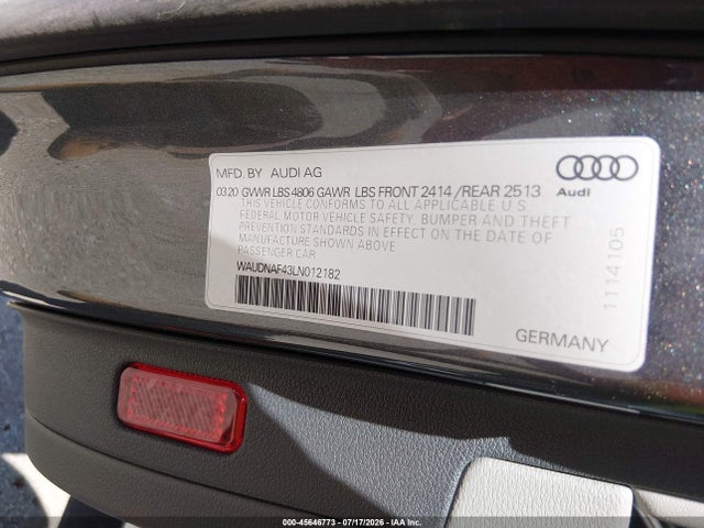 45646773 :رقم المزاد ، WAUDNAF43LN012182 vin ، 2020 Audi A4 Premium 45 Tfsi Quattro S Tronic مزاد بيع