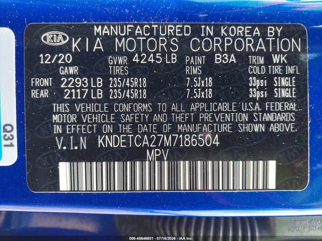 Aukcja sprzedaży 2021 Kia Seltos Sx Turbo, vin: KNDETCA27M7186504, numer aukcji: 45646801
