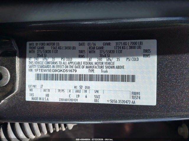 45646804 :رقم المزاد ، 1FTEW1EG9GKD51679 vin ، 2016 Ford F-150 Lariat مزاد بيع
