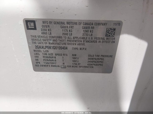 2016 Gmc Terrain Slt მანქანა იყიდება აუქციონზე, vin: 2GKALPEK1G6199404, აუქციონის ნომერი: 45646810