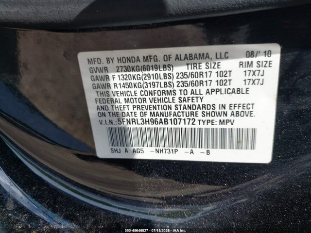 45646827 :رقم المزاد ، 5FNRL3H96AB107172 vin ، 2010 Honda Odyssey Touring مزاد بيع