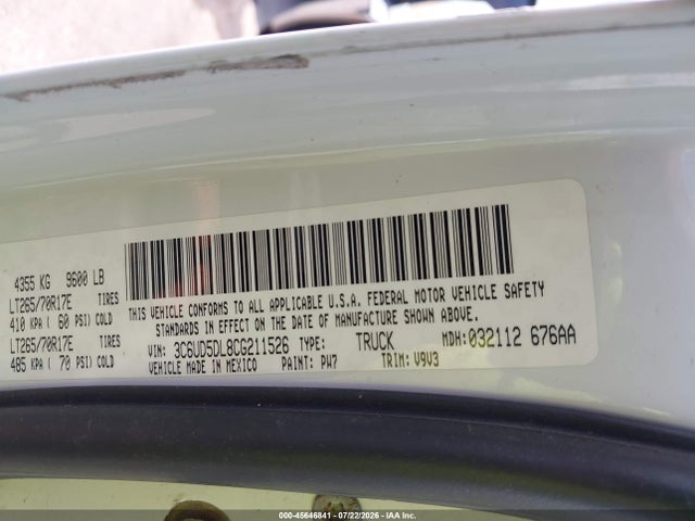 2012 Ram 2500 Slt მანქანა იყიდება აუქციონზე, vin: 3C6UD5DL8CG211526, აუქციონის ნომერი: 45646841