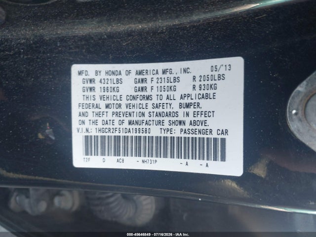Продаж на аукціоні авто 2013 Honda Accord Sport, vin: 1HGCR2F51DA199580, номер лоту: 45646849