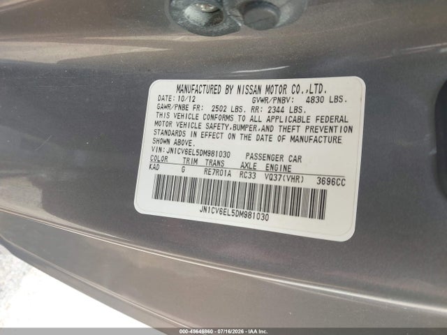 Продажа на аукционе авто 2013 Infiniti G37x, vin: JN1CV6EL5DM981030, номер лота: 45646860