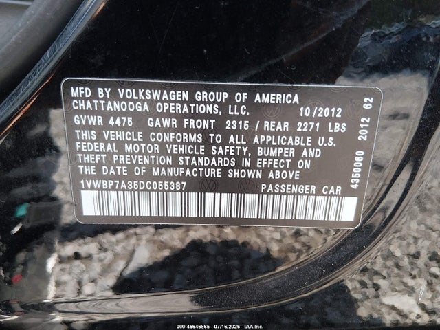 2013 Volkswagen Passat 2.5l Se მანქანა იყიდება აუქციონზე, vin: 1VWBP7A35DC055387, აუქციონის ნომერი: 45646865