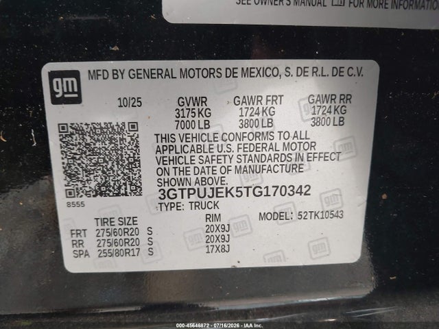 45646872 :رقم المزاد ، 3GTPUJEK5TG170342 vin ، 2026 Gmc Sierra 1500 مزاد بيع