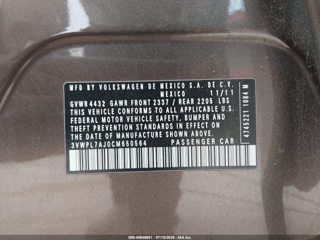 45646881 :رقم المزاد ، 3VWPL7AJ0CM650564 vin ، 2012 Volkswagen Jetta Sportwagen 2.0l Tdi مزاد بيع