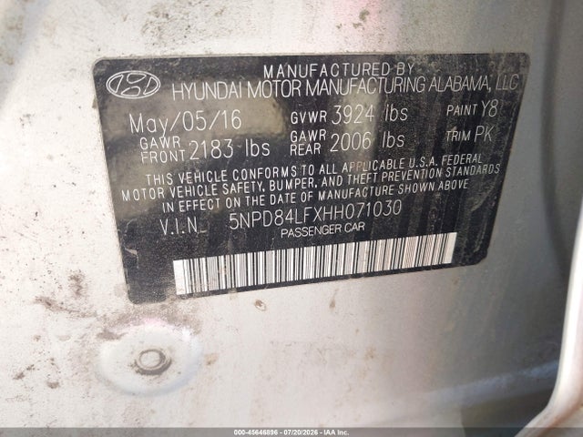 Aukcja sprzedaży 2017 Hyundai Elantra Se, vin: 5NPD84LFXHH071030, numer aukcji: 45646896
