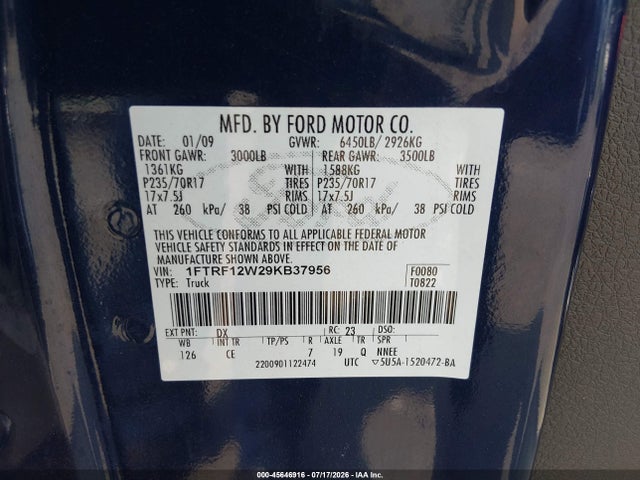 2009 Ford F-150 Stx/xl/xl W/midbox Prep/xlt/xlt W/midbox Prep მანქანა იყიდება აუქციონზე, vin: 1FTRF12W29KB37956, აუქციონის ნომერი: 45646916