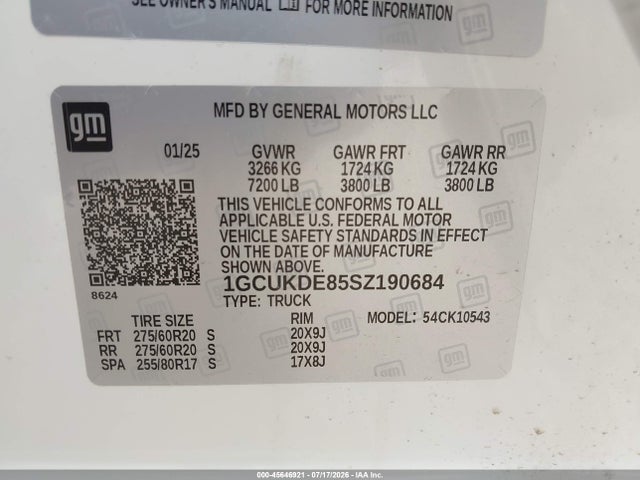 Продаж на аукціоні авто 2025 Chevrolet Silverado 1500 4wd  Standard Bed Lt, vin: 1GCUKDE85SZ190684, номер лоту: 45646921