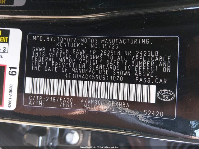 Aukcja sprzedaży 2025 Toyota Camry Le, vin: 4T1DAACK5SU611070, numer aukcji: 45646936