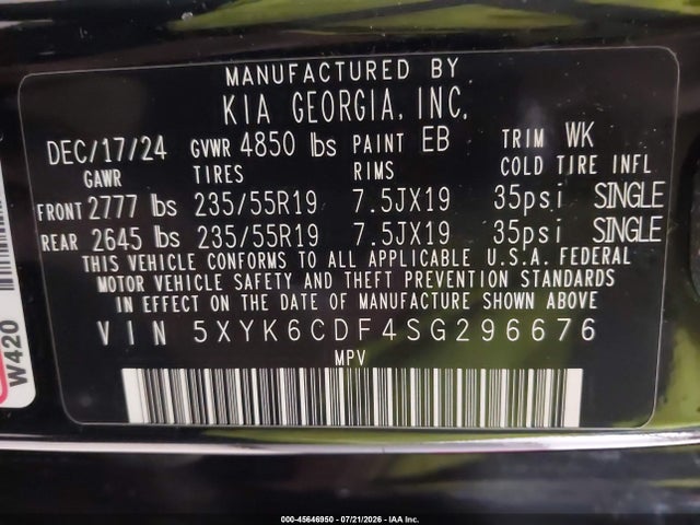 Продажа на аукционе авто 2025 Kia Sportage X-line, vin: 5XYK6CDF4SG296676, номер лота: 45646950